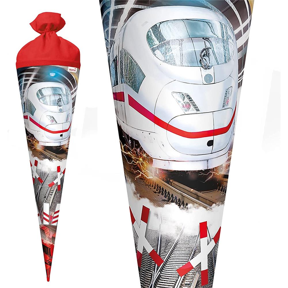 Roth Schultüte Schnellzug, 70cm, rund, Rot(h)-Spitze, Filzverschluss, Folieneffekt