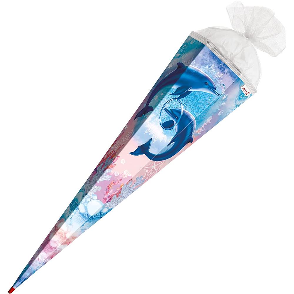 Roth Extra große XXL Schultüte Delfine, 100cm, eckig, Rot(h)-Spitze, Tüllverschluss