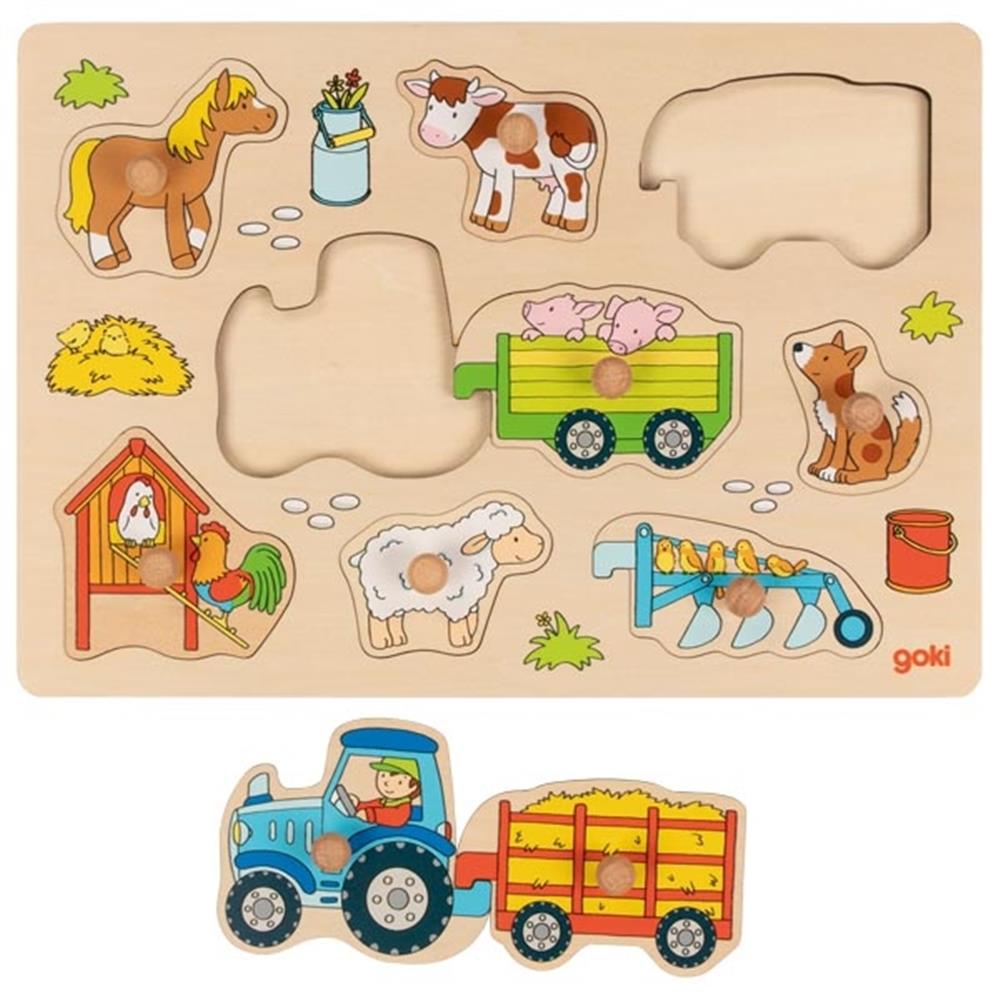 Goki Steckpuzzle Traktor mit Anhängern