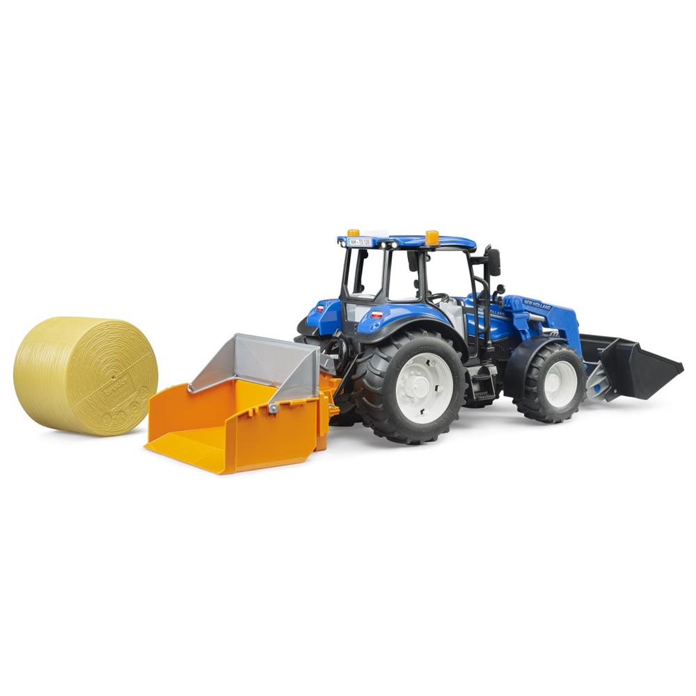 Bruder 02187 - New Holland T5.120 mit Frontlader, Ladekasten, Gabeln und Rundballen, 1:16, Traktor