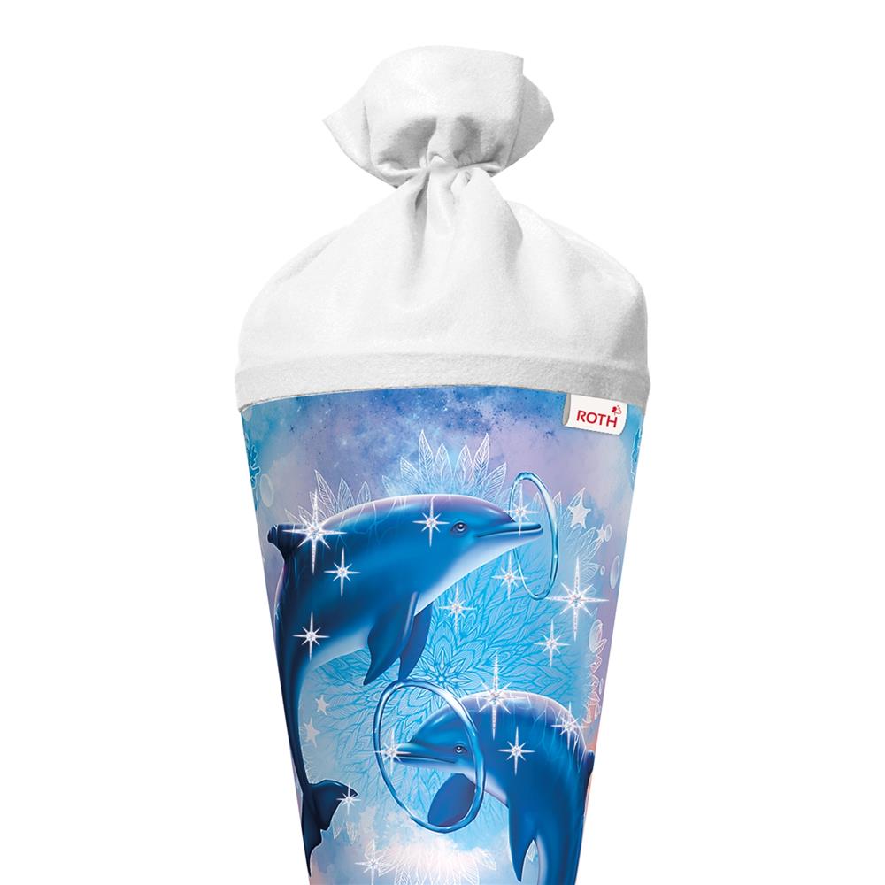 Roth Schultüte Delfine, 70cm, rund, Rot(h)-Spitze, Filzverschluss, Glitter