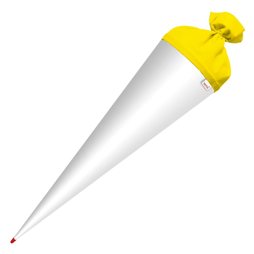 Roth Schultüte-Rohling/Basteltüte, weiß, 70cm, rund, Rot(h)-Spitze, mit Filzverschluss (gelb)
