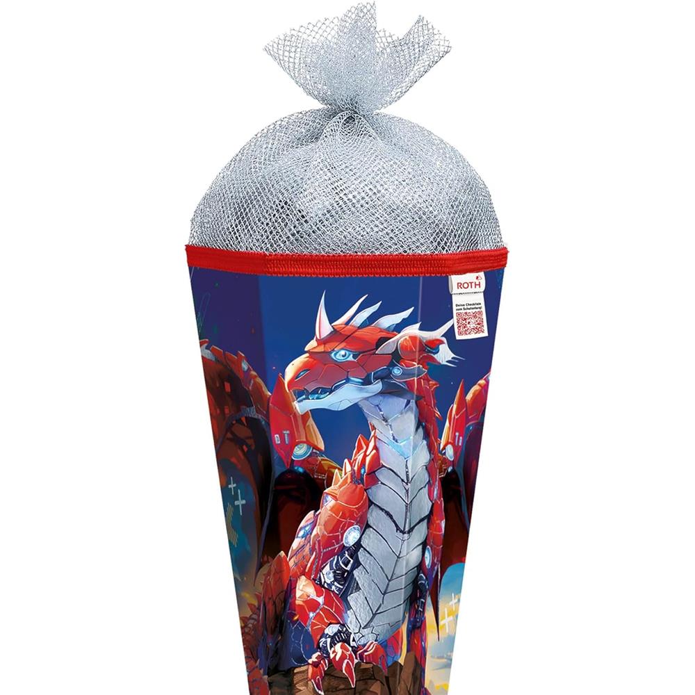 Roth Schultüte Robo Drache, 85cm, eckig, Rot(h)-Spitze, Tüllverschluss (Silbertüll), Folieneffekt