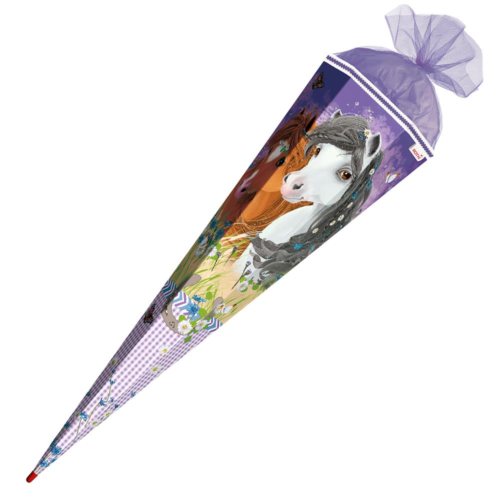 Roth Schultüte Blumenpferde, 85cm, eckig, Rot(h)-Spitze, Tüllverschluss, Glitter