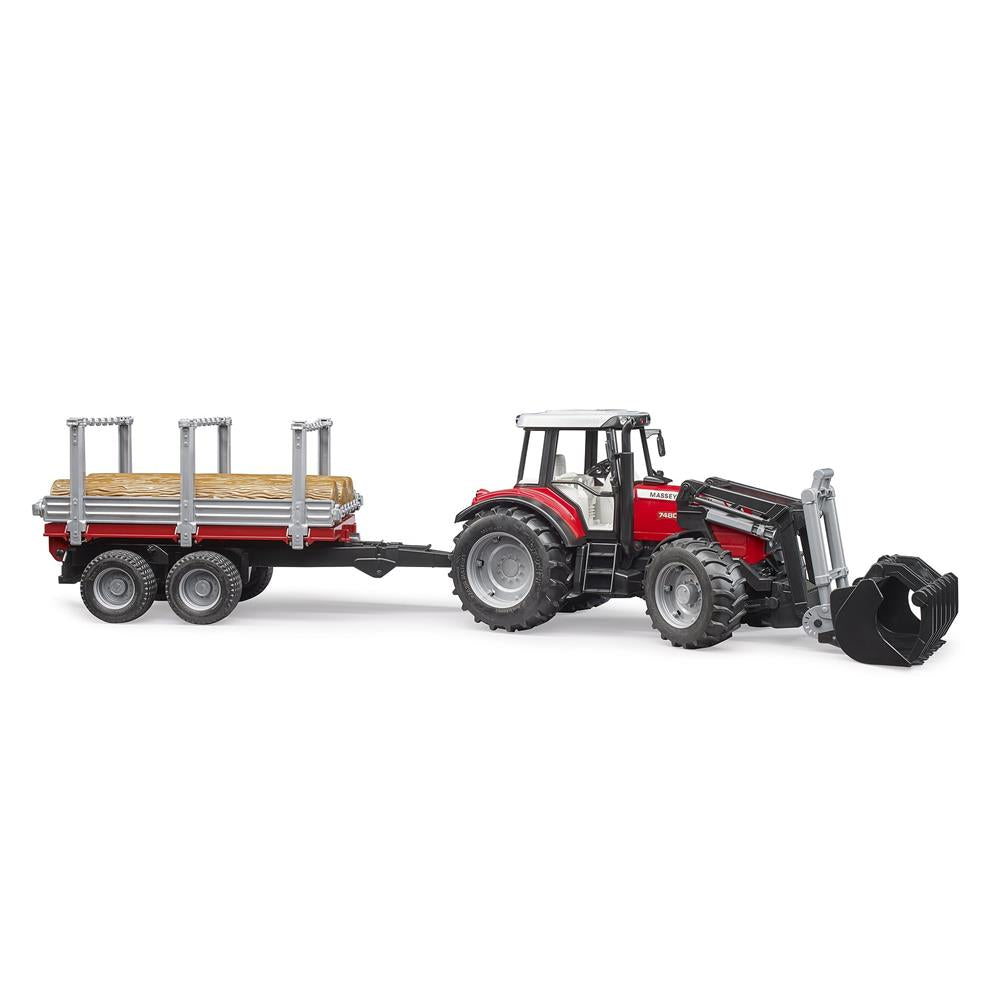 Bruder 02046 - Massey Ferguson 7480 mit Frontlader und Holztransportanhänger und 3 Baumstämmen