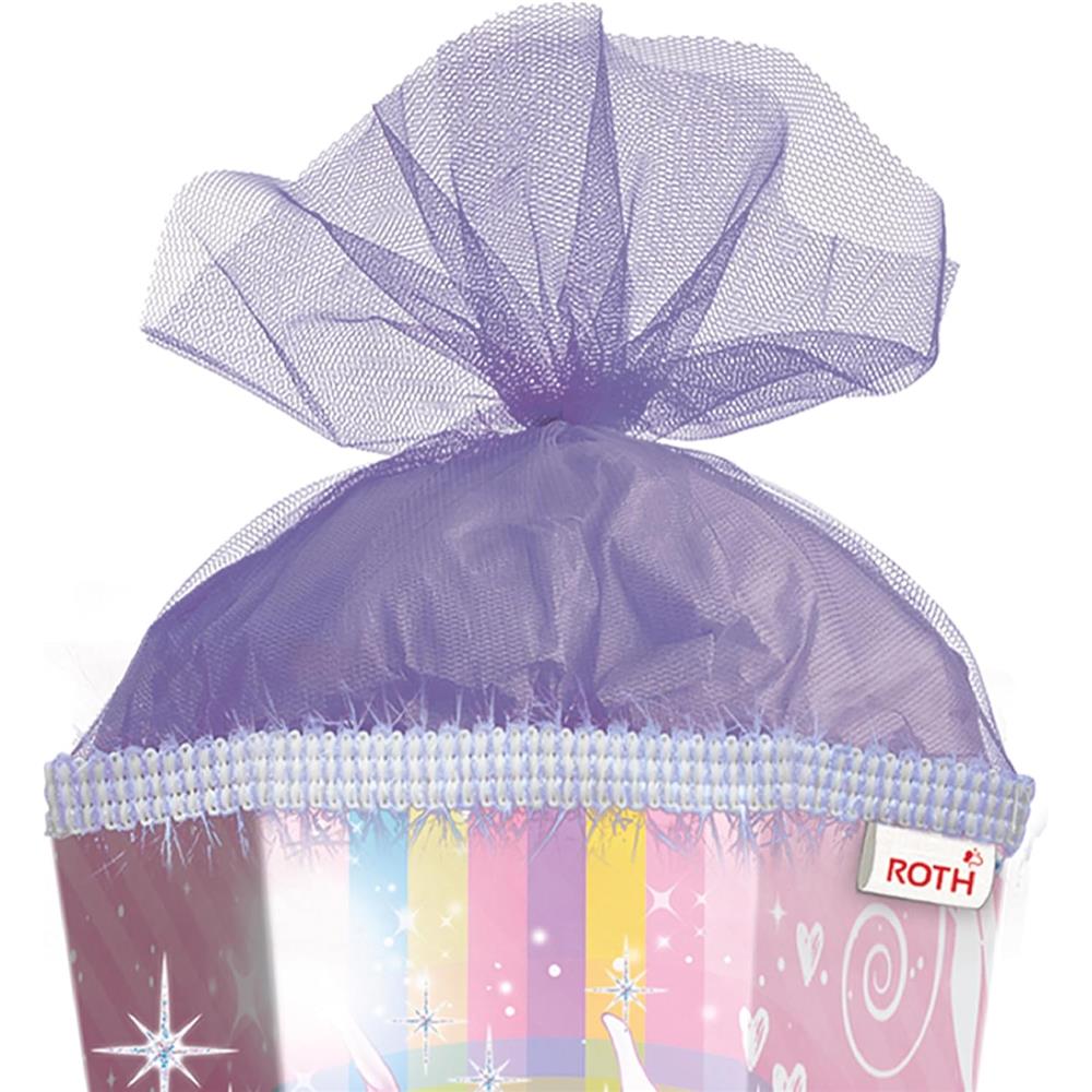 Roth Schultüte Einhornportrait mit Glitter, 85cm, eckig, mit Rot(h)-Spitze und lila Tüllverschluss