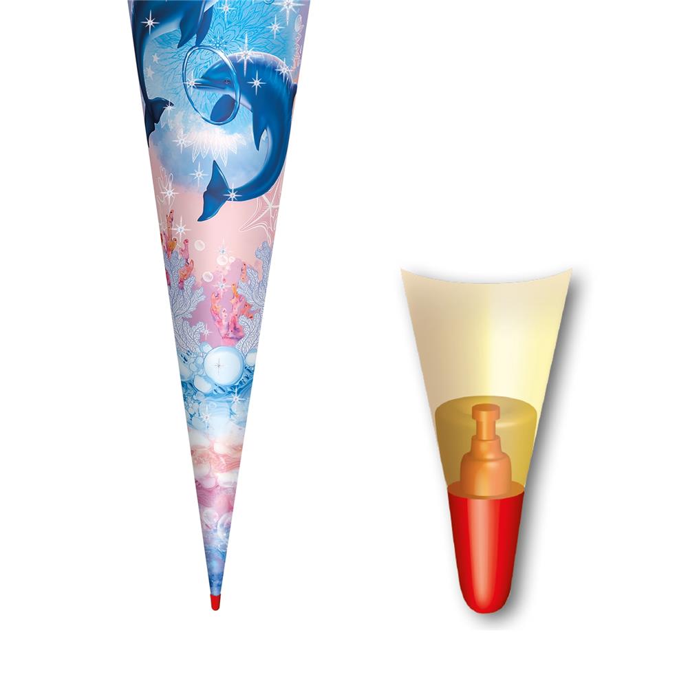 Roth Schultüte Delfine, 70cm, rund, Rot(h)-Spitze, Filzverschluss, Glitter