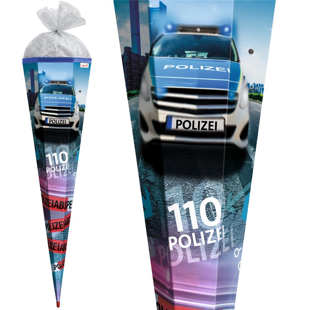 Roth Schultüte Polizei 110, 85cm, eckig, Rot(h)-Spitze, Tüllverschluss