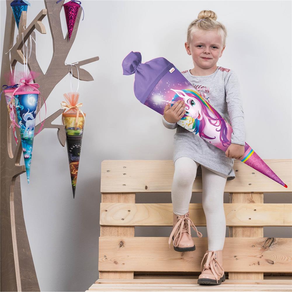 Roth Schultüte Einhornportrait, 70cm, rund, Rot(h)-Spitze, Filzverschluss