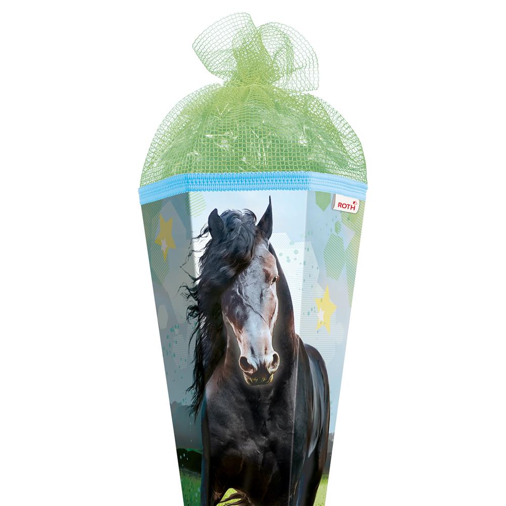 Roth Schultüte Power Pferd, 85cm, eckig, Rot(h)-Spitze, Tüllverschluss (Netztüll)