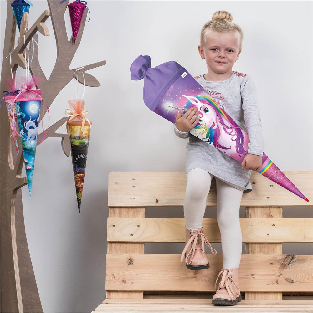 Roth Schultüte Einhornportrait, 70cm, rund, Rot(h)-Spitze, Filzverschluss, Glitter