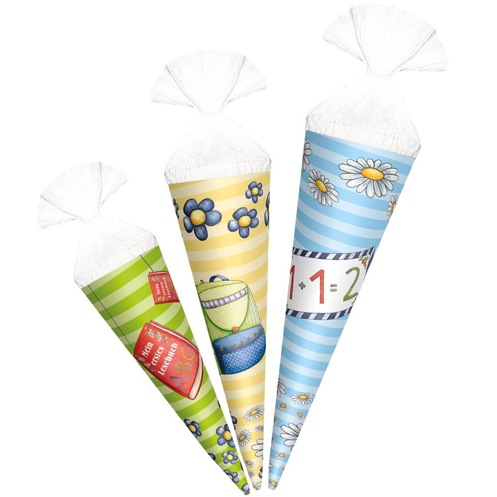 Roth Deko-Schultüten Set bunt Jungen, 10/12,5/15 cm – 3er Set Anhängetütchen