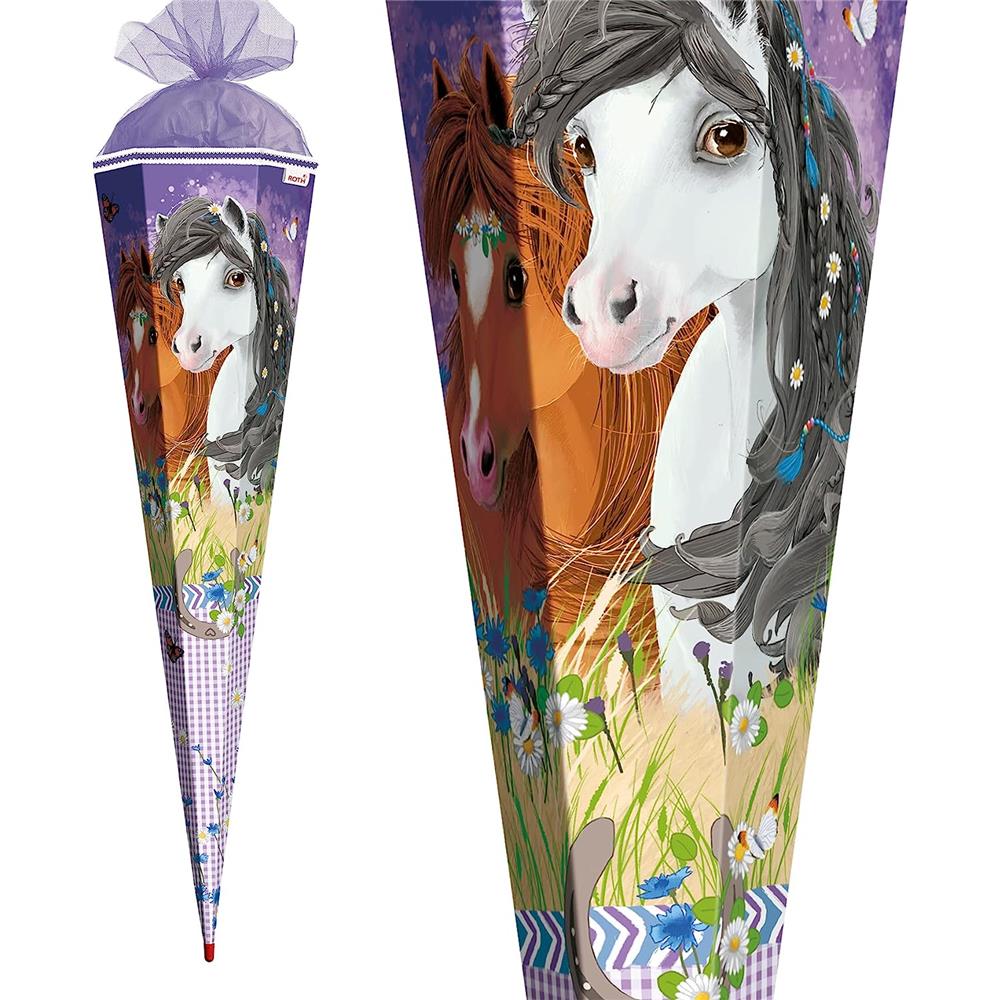 Roth Schultüte Blumenpferde, 85cm, eckig, Rot(h)-Spitze, Tüllverschluss