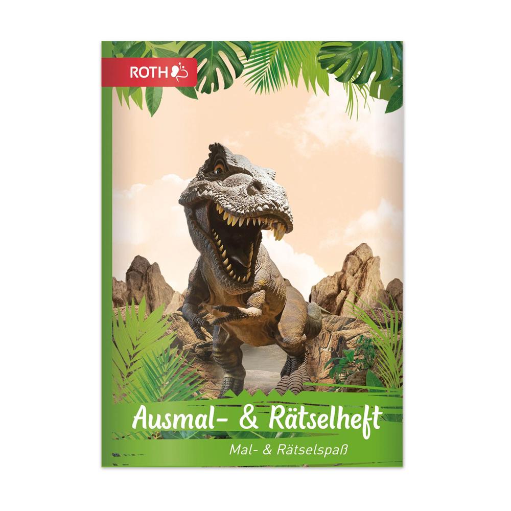 Roth Ausmalbuch und Buntstifte Dinosaurier Tyrannosaurus, Mal-/Rätselbuch mit 12 zweifarbigen Buntstiften