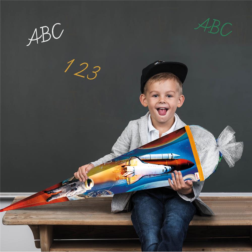 Roth Schultüte Weltraum, 85cm, eckig, Rot(h)-Spitze, Tüllverschluss (Silbertüll)