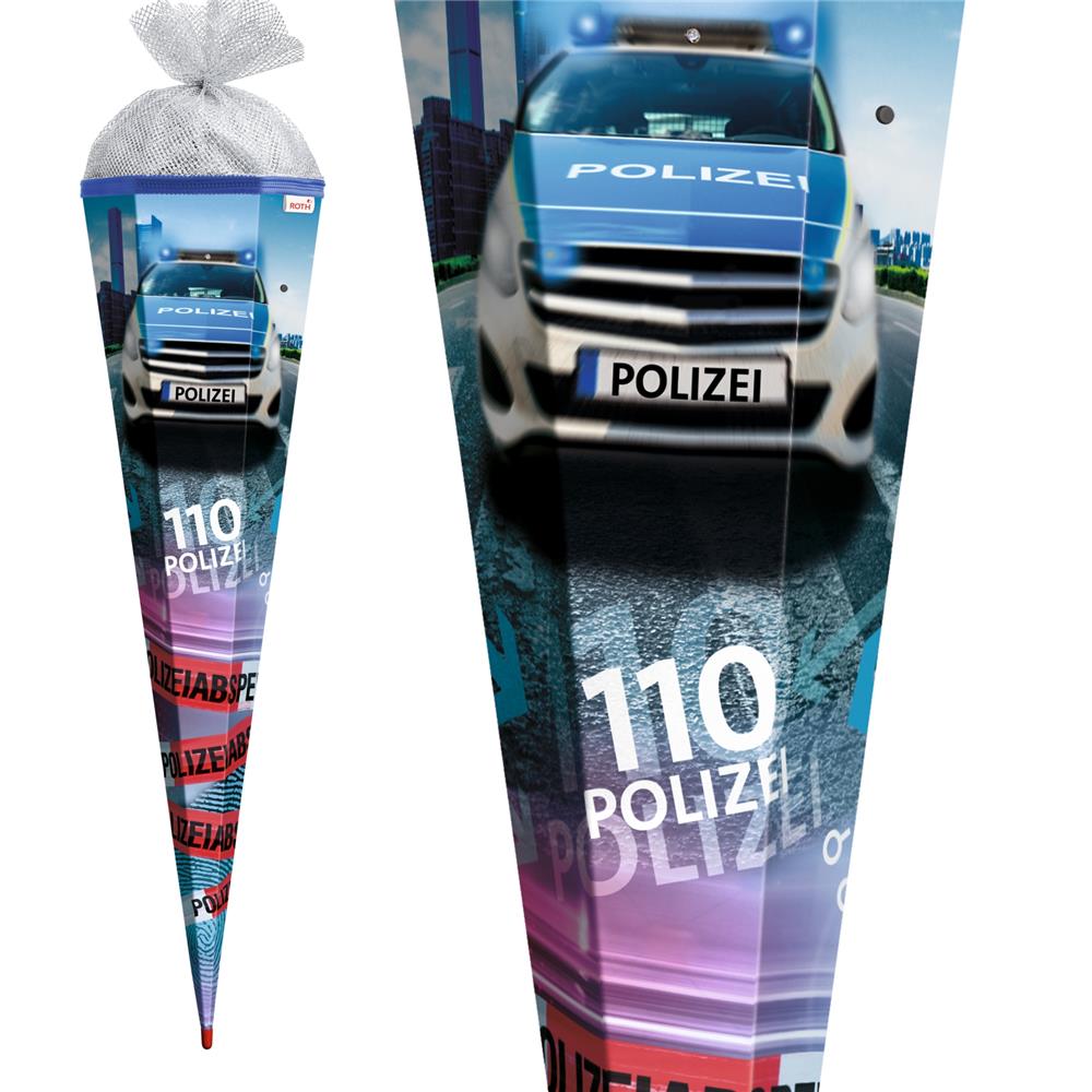 Roth Schultüte Polizei 110, 85cm, eckig, Rot(h)-Spitze, Tüllverschluss (Silbertüll), mit Licht & Sound