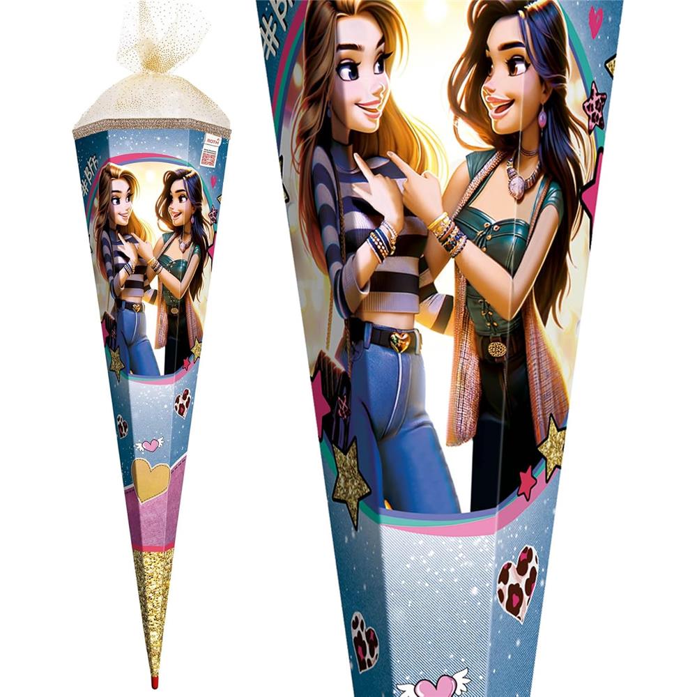 Roth Schultüte Best Friends Forever, 85cm, eckig, Rot(h)-Spitze, Tüllverschluss (Organza gold), Goldborte