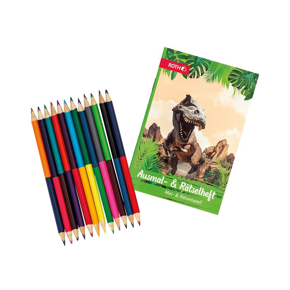 Roth Ausmalbuch und Buntstifte Dinosaurier Tyrannosaurus, Mal-/Rätselbuch mit 12 zweifarbigen Buntstiften
