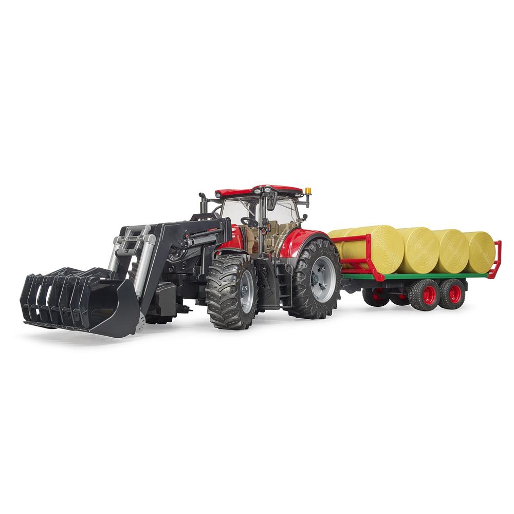 Bruder 03198 - Case IH Optum 300CVX mit Frontlader und Ballentransportanhänger mit 8 Rundballen