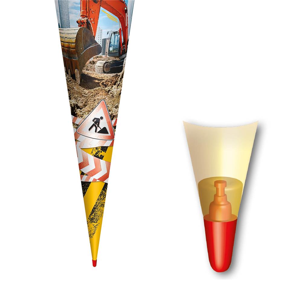 Roth Schultüte Achtung Bagger, 70cm, rund, Rot(h)-Spitze, Filzverschluss, Folieneffekt