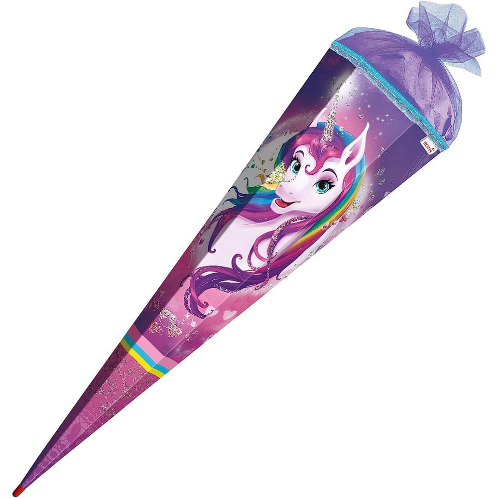 Roth Schultüte Einhornportrait, 85cm, eckig, Rot(h)-Spitze, Tüllverschluss, Glitzer