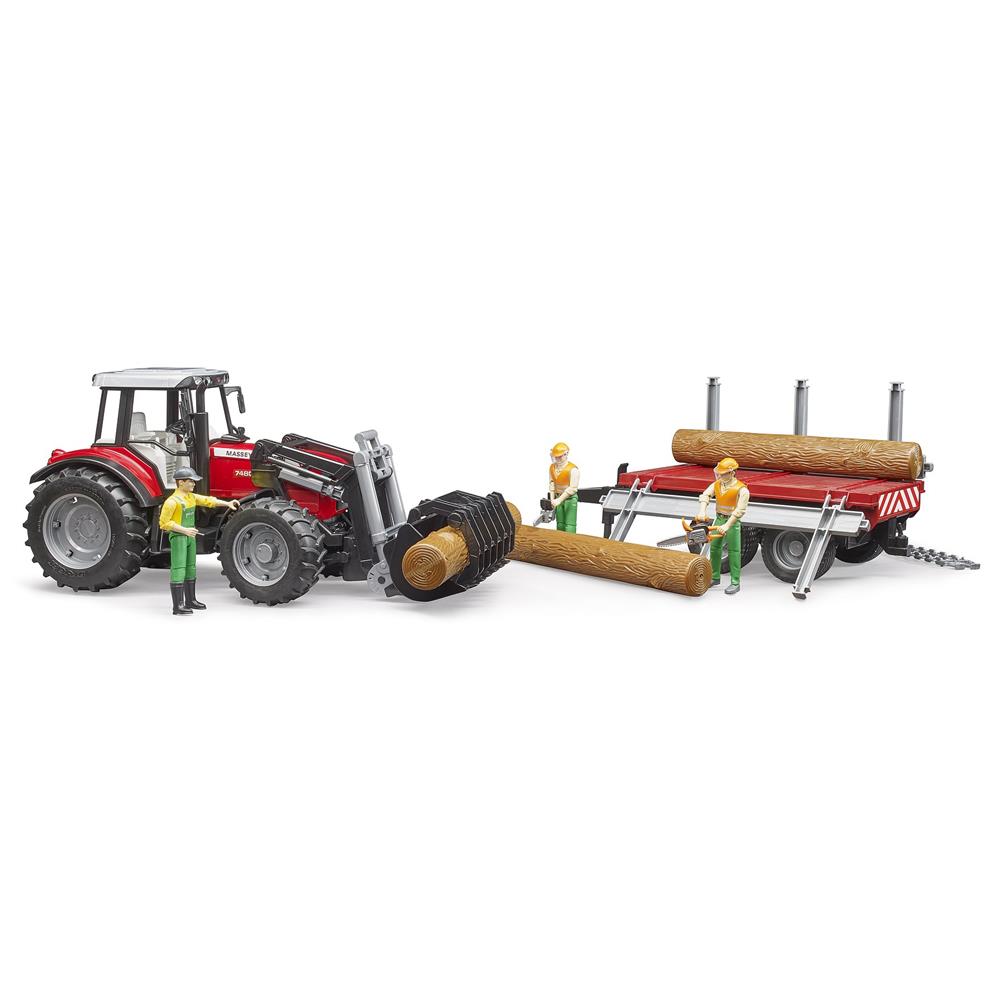 Bruder 02046 - Massey Ferguson 7480 mit Frontlader und Holztransportanhänger und 3 Baumstämmen