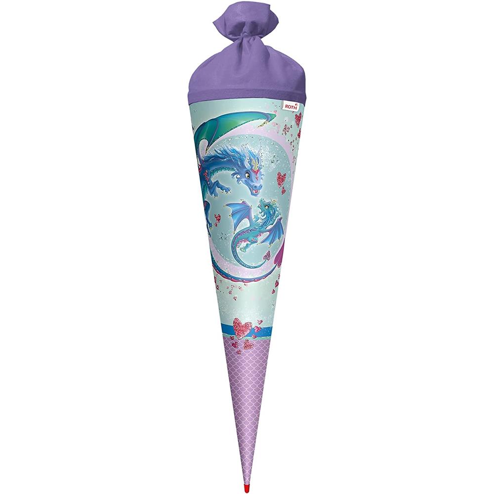 Roth Schultüte Drachenliebe, 70cm, rund, Rot(h)-Spitze, Filzverschluss, Glitter