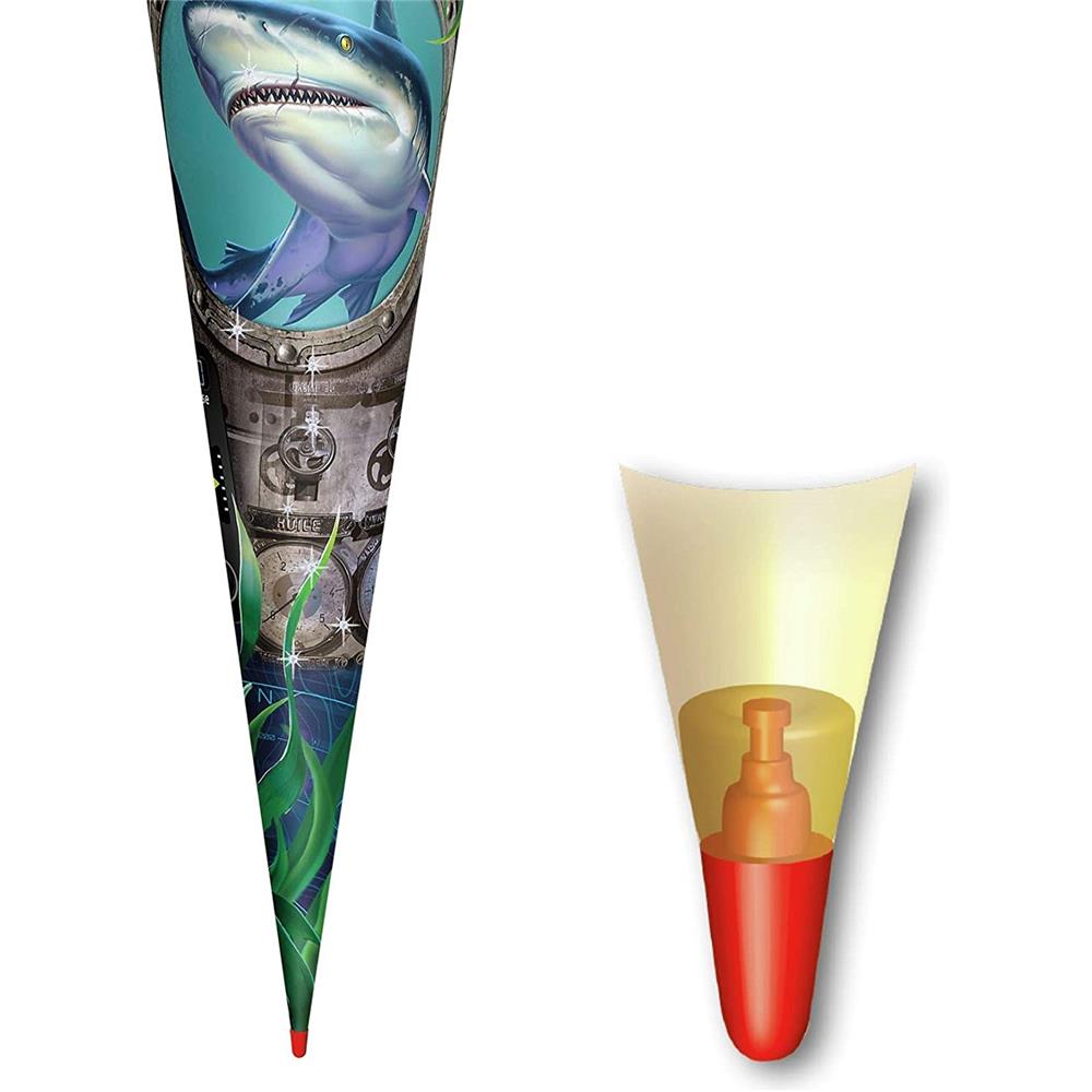 Roth Schultüte Hai, 70cm, rund, Rot(h)-Spitze, Filzverschluss, Folieneffekt