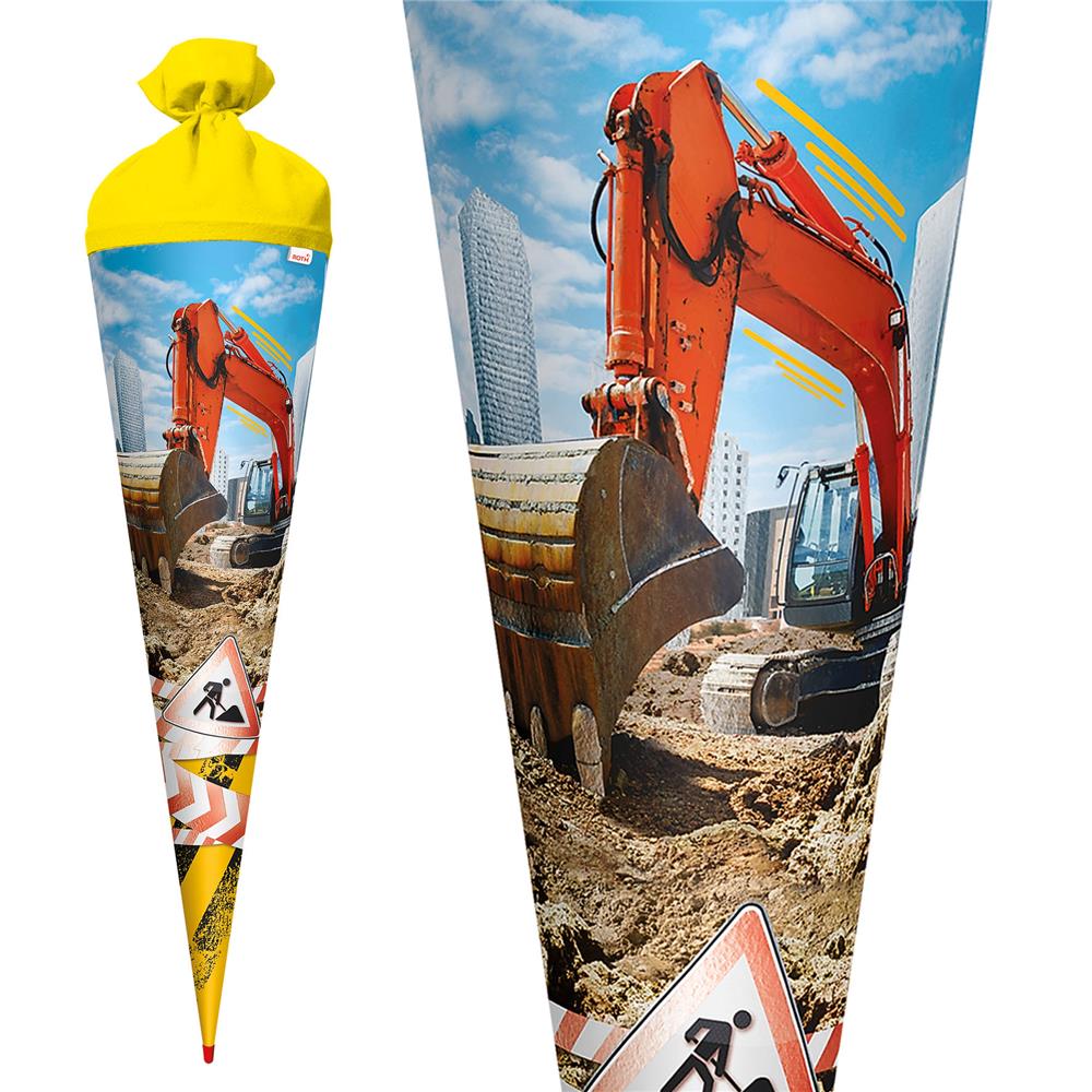Roth Schultüte Achtung Bagger, 70cm, rund, Rot(h)-Spitze, Filzverschluss, Folieneffekt