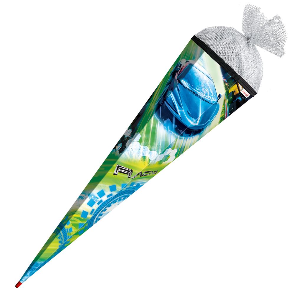 Roth Schultüte Racing, 85cm, eckig, Rot(h)-Spitze, Tüllverschluss (Silbertüll)