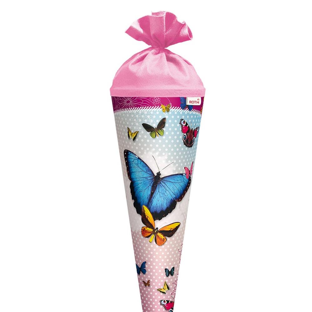 Roth Schultüte Butterfly, 70cm, rund, Rot(h)-Spitze, Filzverschluss, Glitter