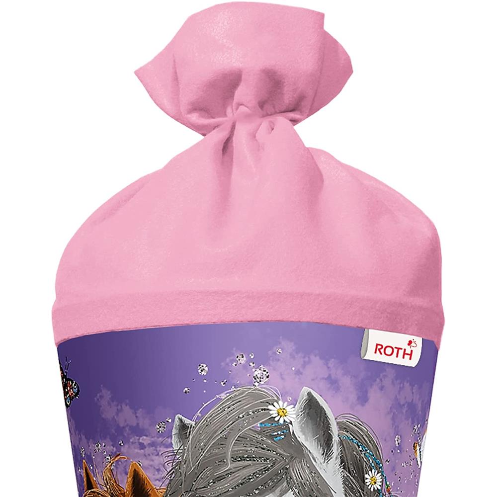 Roth Schultüte Blumenpferde, 70cm, rund, Rot(h)-Spitze, Filzverschluss, Glitter