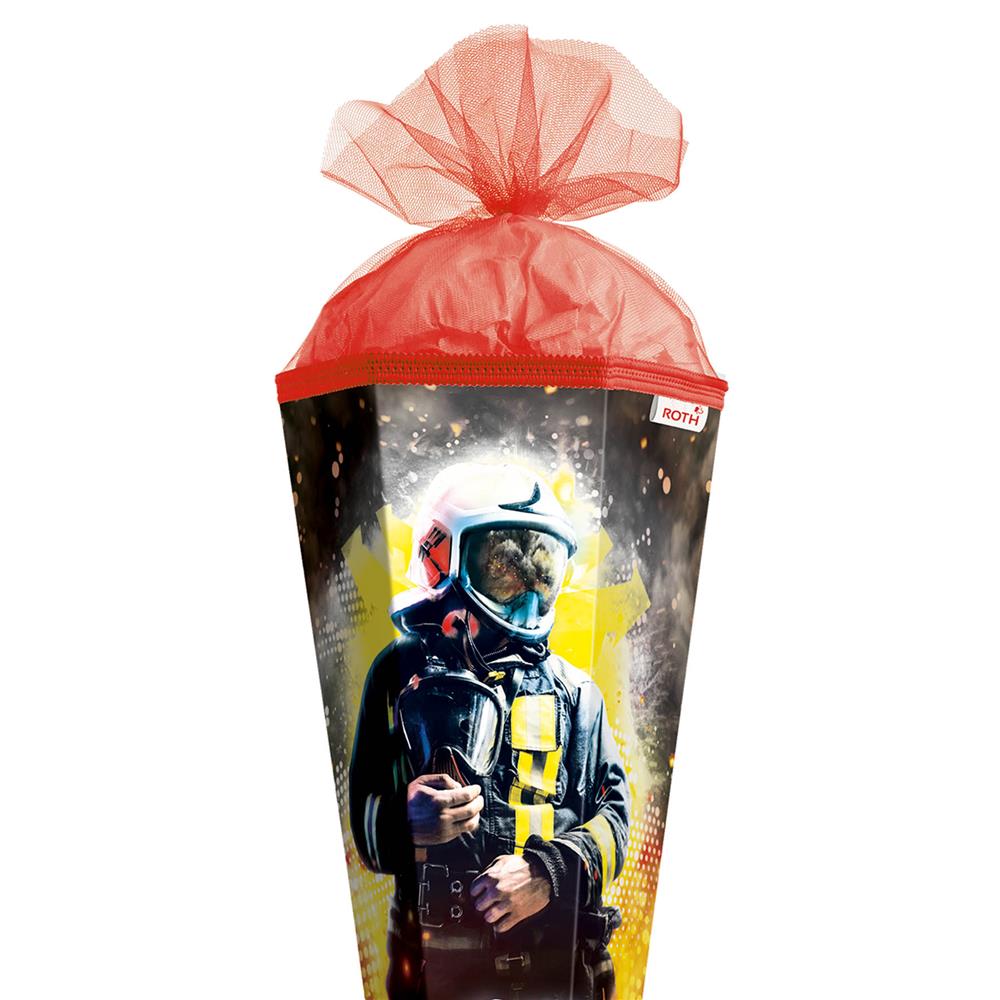 Roth Schultüte Feuerwehrmann, 85cm, eckig, Rot(h)-Spitze, Tüllverschluss