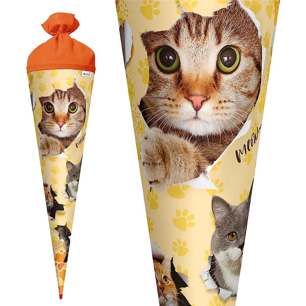 Roth Schultüte Katzenparty, 70cm, rund, Rot(h)-Spitze, Filzverschluss