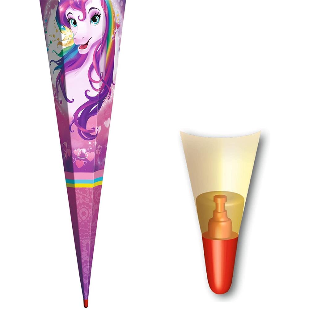 Roth Schultüte Einhornportrait, 85cm, eckig, Rot(h)-Spitze, Tüllverschluss