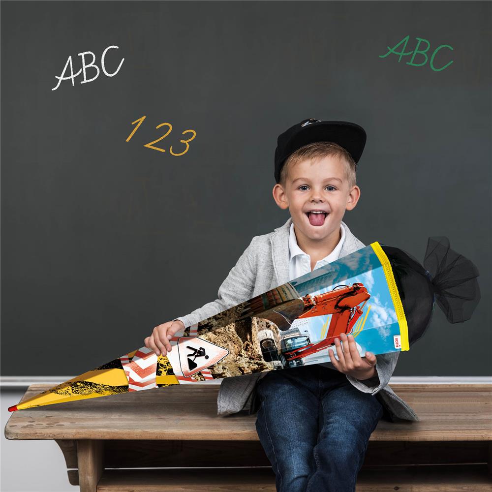 Roth Schultüte Achtung Bagger, 85cm, eckig, Rot(h)-Spitze, Tüllverschluss, Folieneffekt