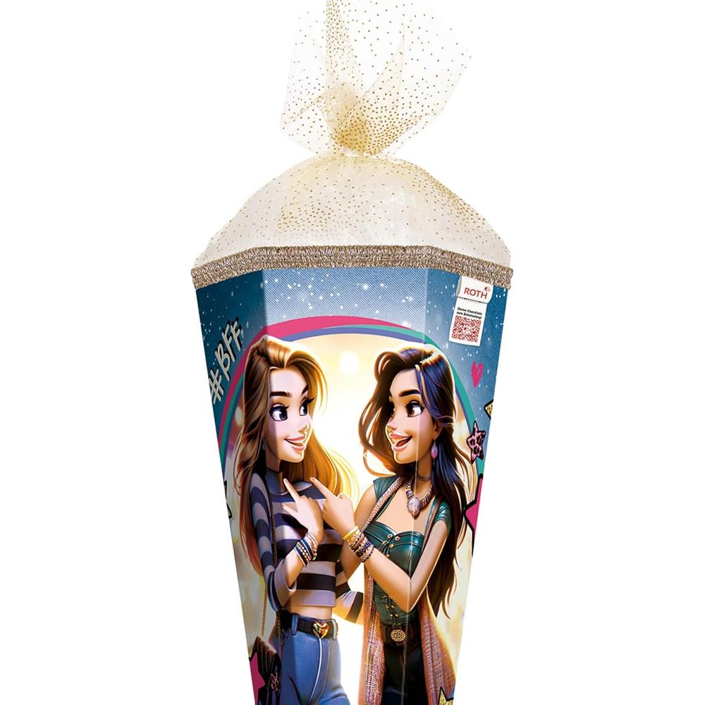 Roth Schultüte Best Friends Forever, 85cm, eckig, Rot(h)-Spitze, Tüllverschluss (Organza gold), Goldborte