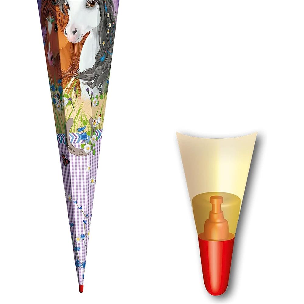 Roth Schultüte Blumenpferde, 85cm, eckig, Rot(h)-Spitze, Tüllverschluss