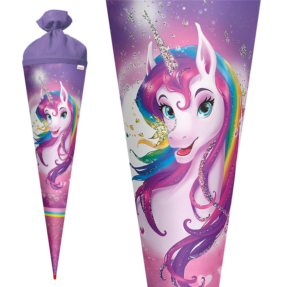 Roth Schultüte Einhornportrait, 70cm, rund, Rot(h)-Spitze, Filzverschluss, Glitter