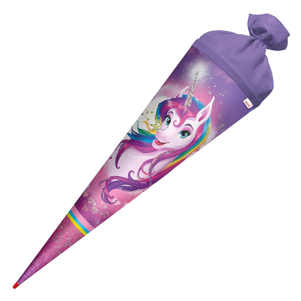 Roth Schultüte Einhornportrait, 70cm, rund, Rot(h)-Spitze, Filzverschluss, Glitter
