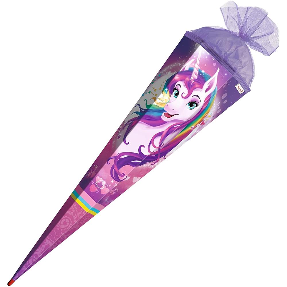 Roth Schultüte Einhornportrait, 85cm, eckig, Rot(h)-Spitze, Tüllverschluss