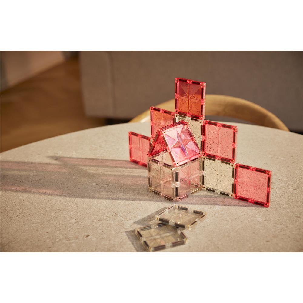 Cleverclixx Glitter Tiles Pack Transparent Rosa 16 Teile, magnetische Glitzer Bausteine, erweiterbare Sets