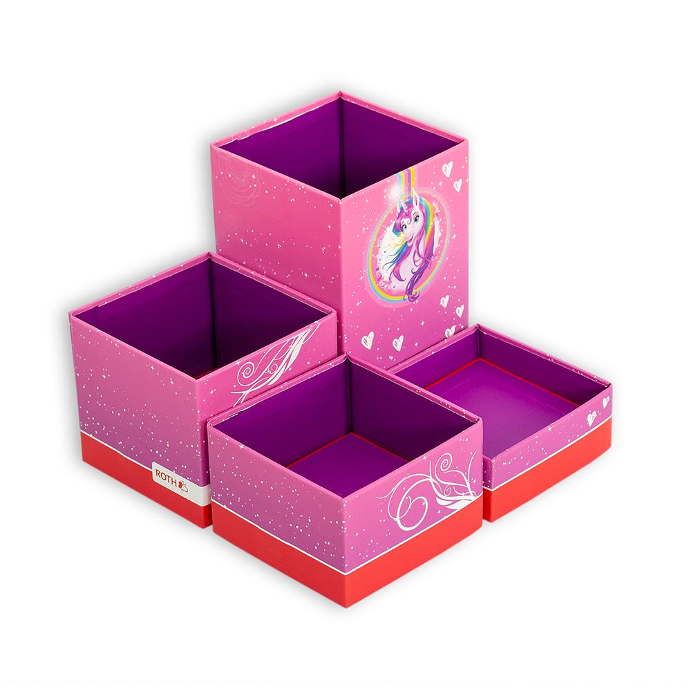 Roth Stifteköcher Set, Einhornportrait, Stiftehalter mit 4 faltbaren Boxen aus Pappe