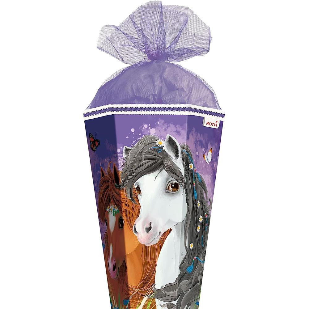 Roth Schultüte Blumenpferde, 85cm, eckig, Rot(h)-Spitze, Tüllverschluss