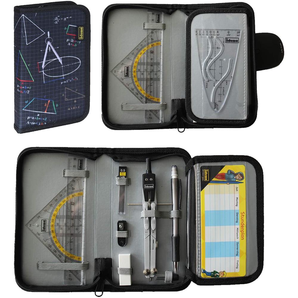 Idena Zirkel-Set im Etui 11-teilig mit Geodreieck Ersatzminen Druckbleistift Stundenplan