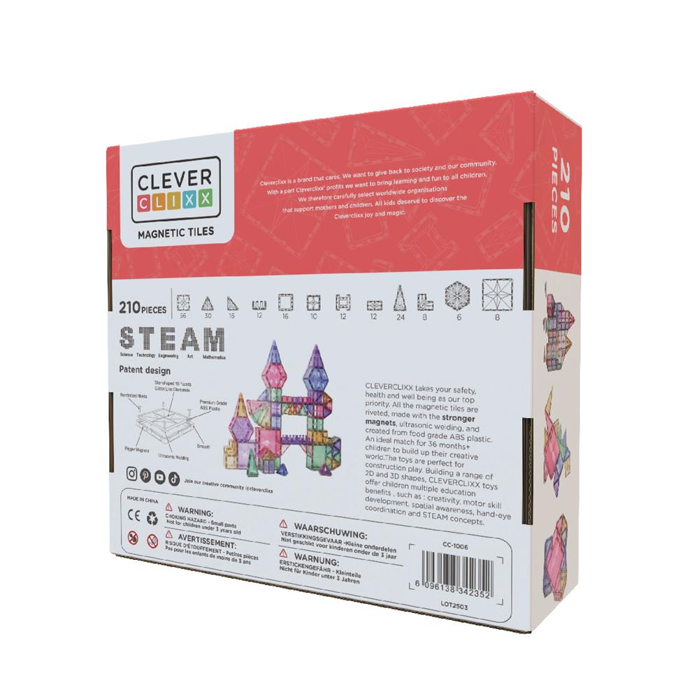 Cleverclixx Mega-Kreativ-Bausatz in Pastellfarben 210 Teile , vielseitige Formen, Magnetspielzeug
