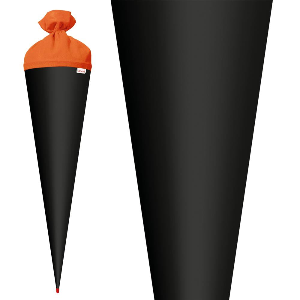 Roth Schultüte-Rohling/Basteltüte, schwarz, 70cm, rund, Rot(h)-Spitze, mit Filzverschluss (orange)