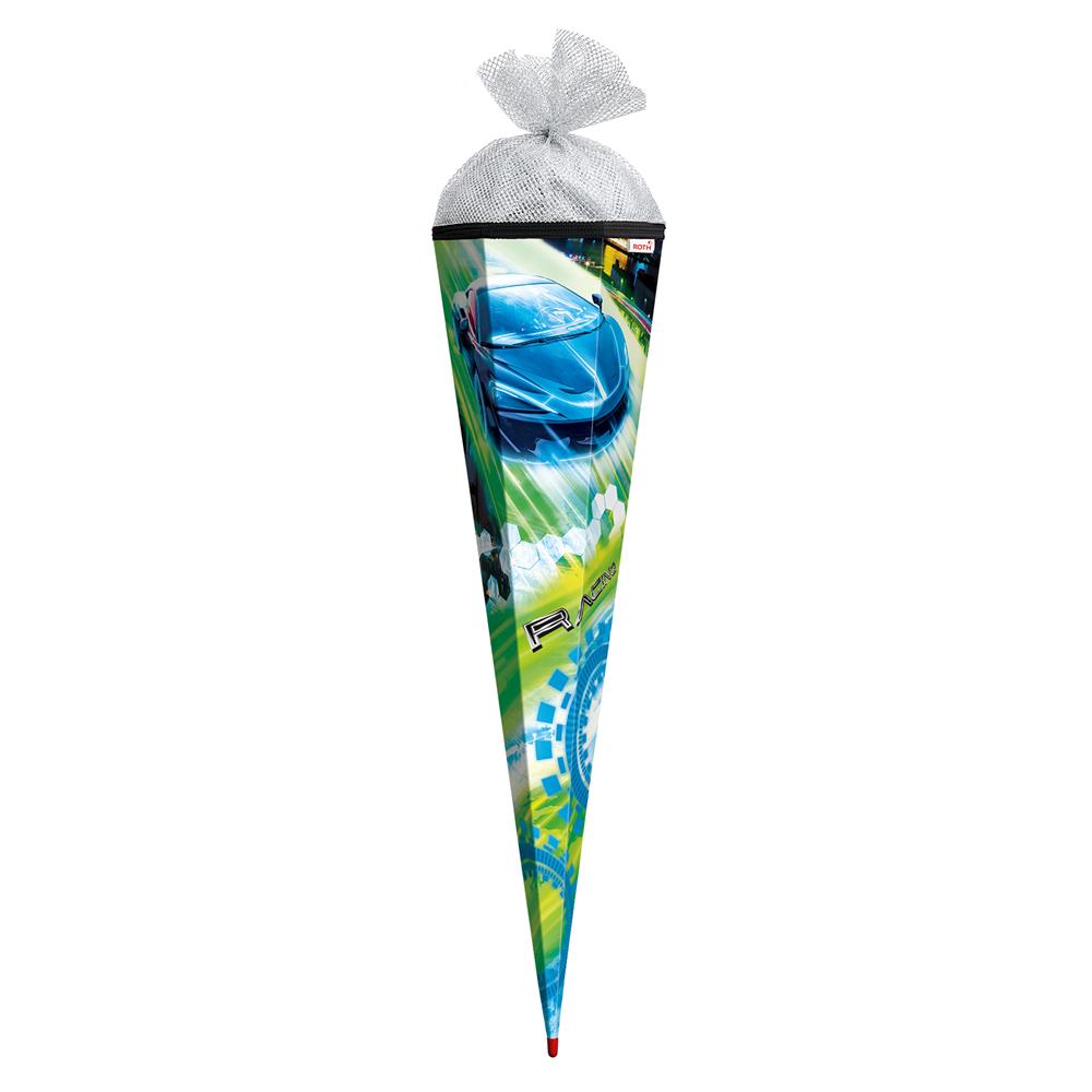 Roth Schultüte Racing, 85cm, eckig, Rot(h)-Spitze, Tüllverschluss (Silbertüll)
