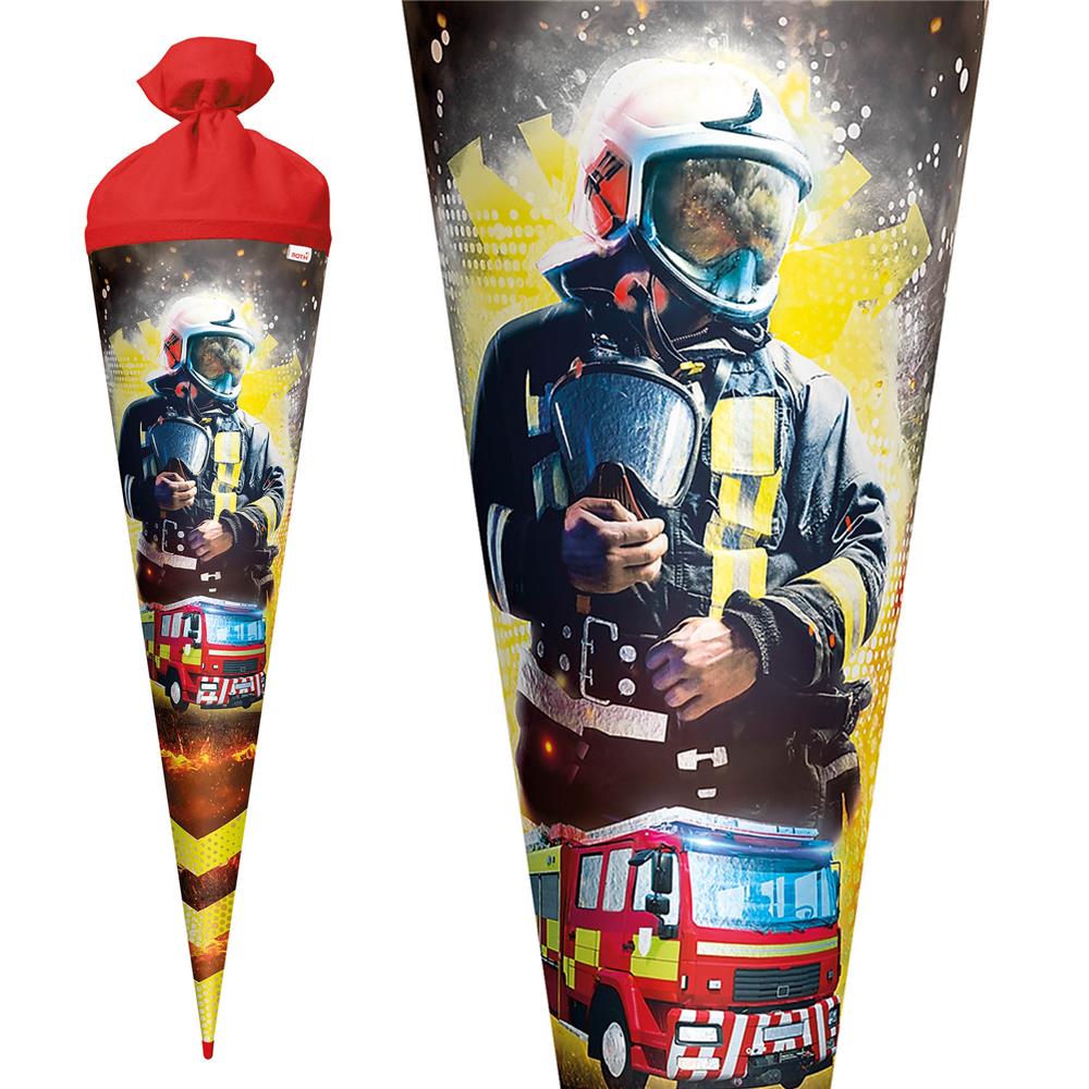 Roth Schultüte Feuerwehrmann, 70cm, rund, Rot(h)-Spitze, Filzverschluss, Folieneffekt