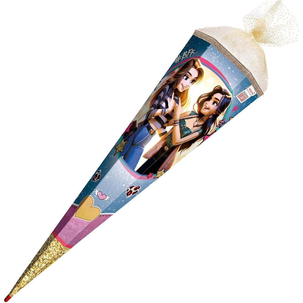 Roth Schultüte Best Friends Forever, 85cm, eckig, Rot(h)-Spitze, Tüllverschluss (Organza gold), Goldborte